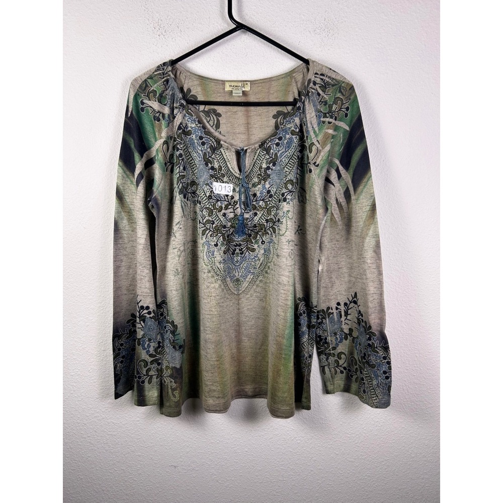 One World Womens Boho Long Sleeve Tassel Tie Embellished Top Green Taupe Medium